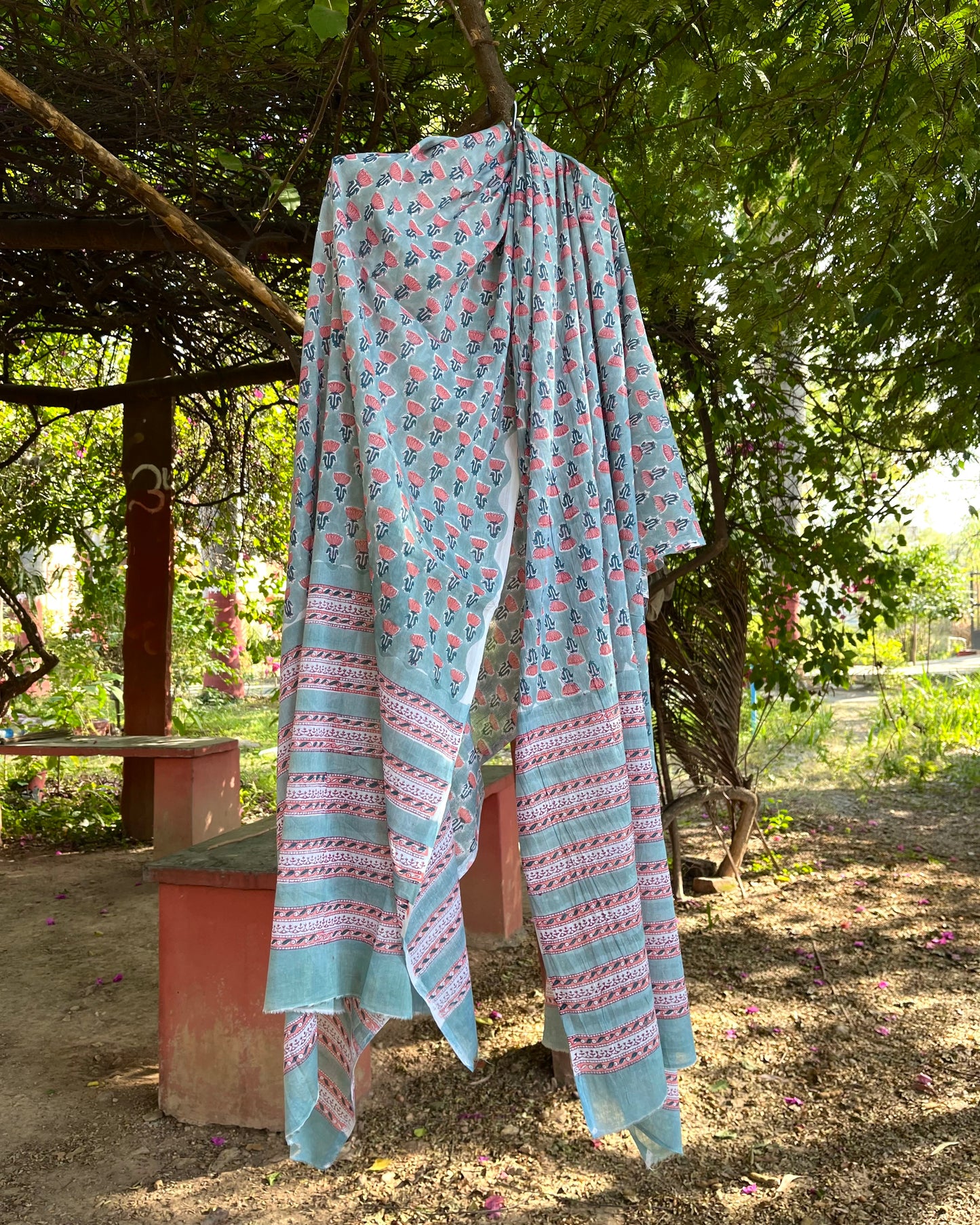 Azure Blooms - Block Print Cotton Dupatta