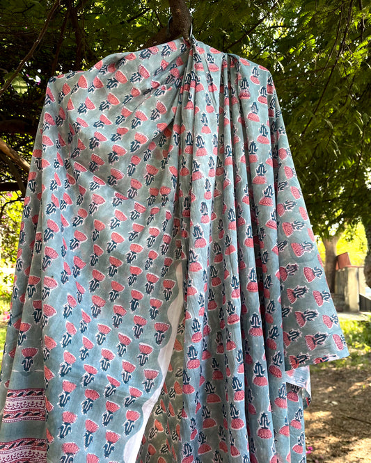 Azure Blooms - Block Print Cotton Dupatta