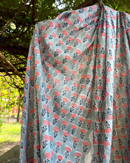 Azure Blooms - Block Print Cotton Dupatta