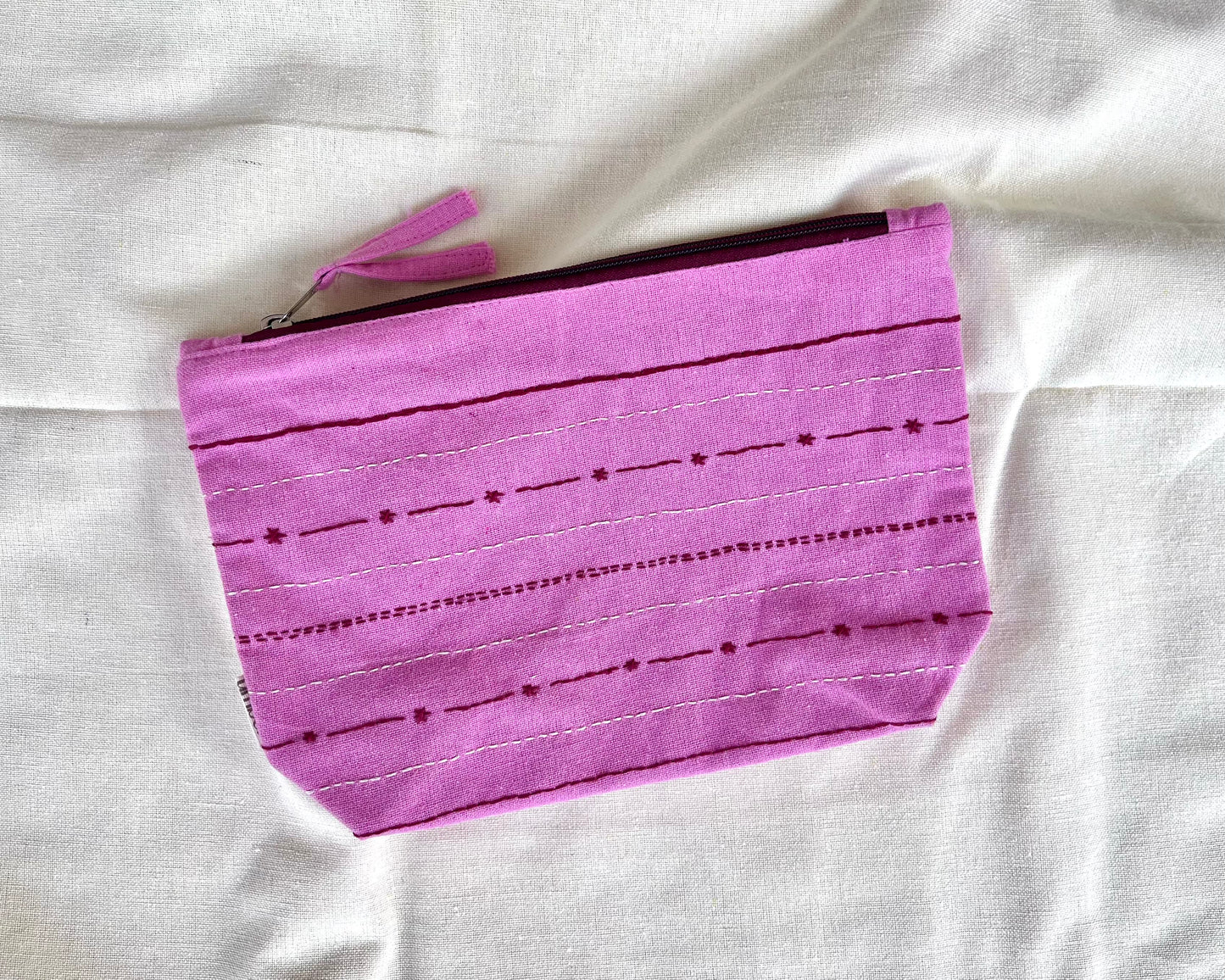 Radiant Orchid Embroidered Pouch: Pink Hand Stitched Travel Accessory