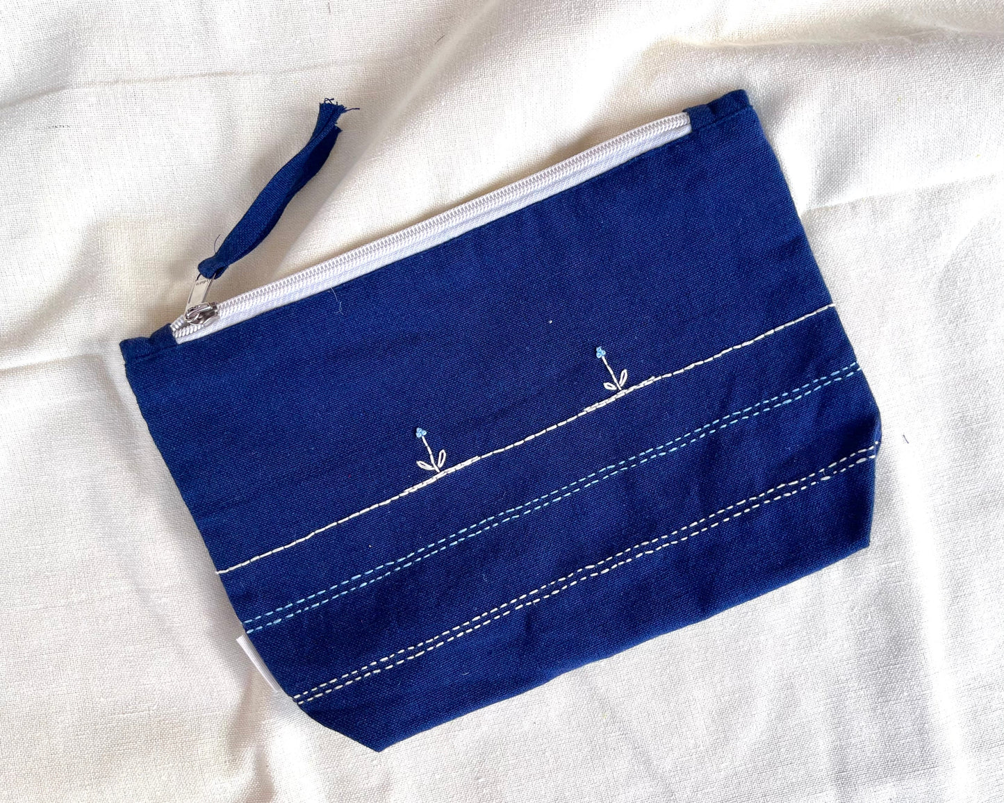 Ocean Whisper Embroidered Pouch: Minimal Floral Accessory Bag