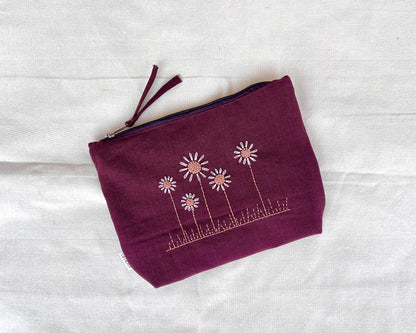 Blossom Meadow Embroidered Pouch: Wine Floral Accessory Bag