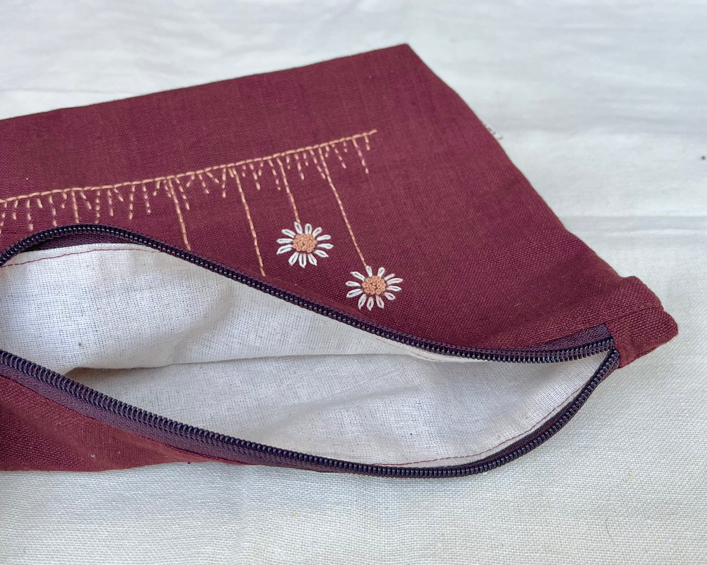 Blossom Meadow Embroidered Pouch: Wine Floral Accessory Bag