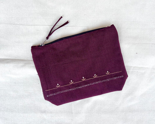 Whispering Sprigs Embroidered Pouch: Elegant Wine Stitch Travel Accessory