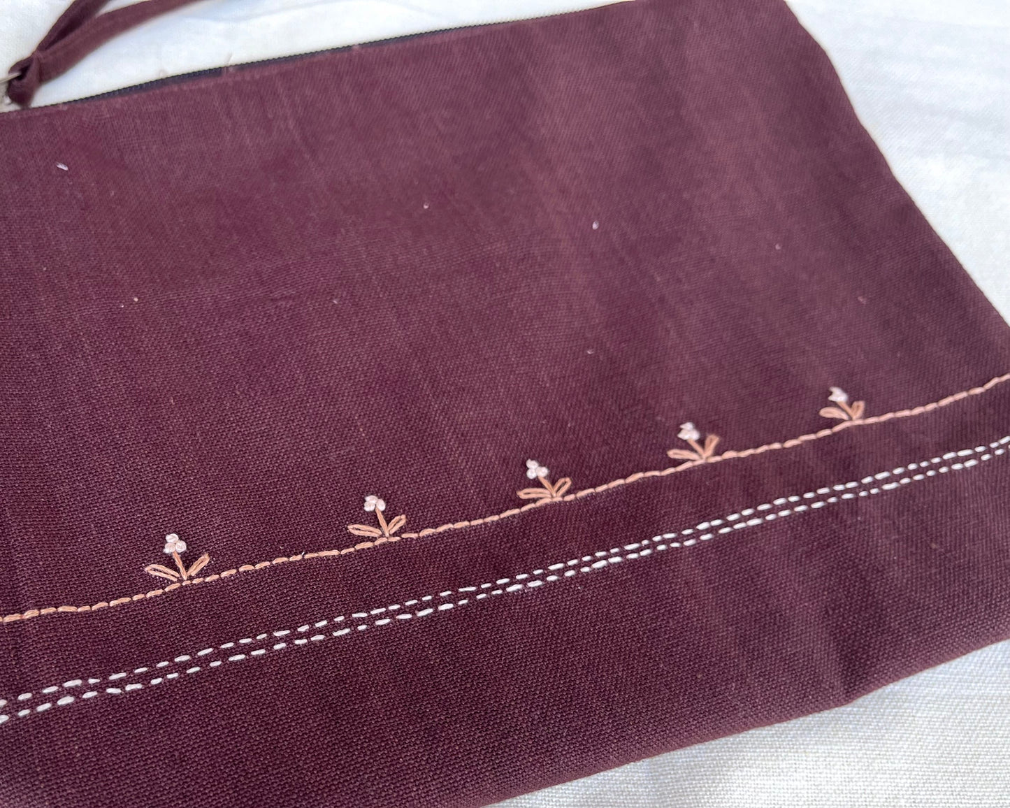 Whispering Sprigs Embroidered Pouch: Elegant Wine Stitch Travel Accessory