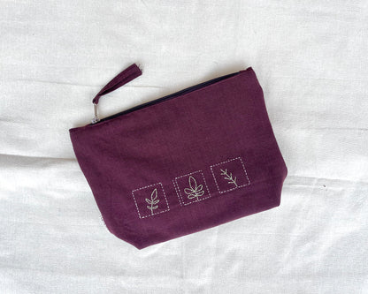 Nature’s Trio Embroidered Pouch: Plant Motif Accessory Bag