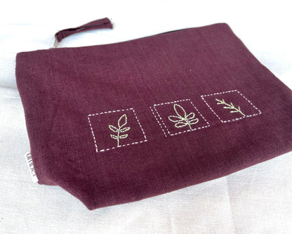 Nature’s Trio Embroidered Pouch: Plant Motif Accessory Bag