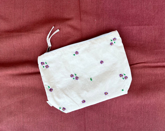 Violet Whispers Embroidered Pouch: Lavender Field Accessory Bag