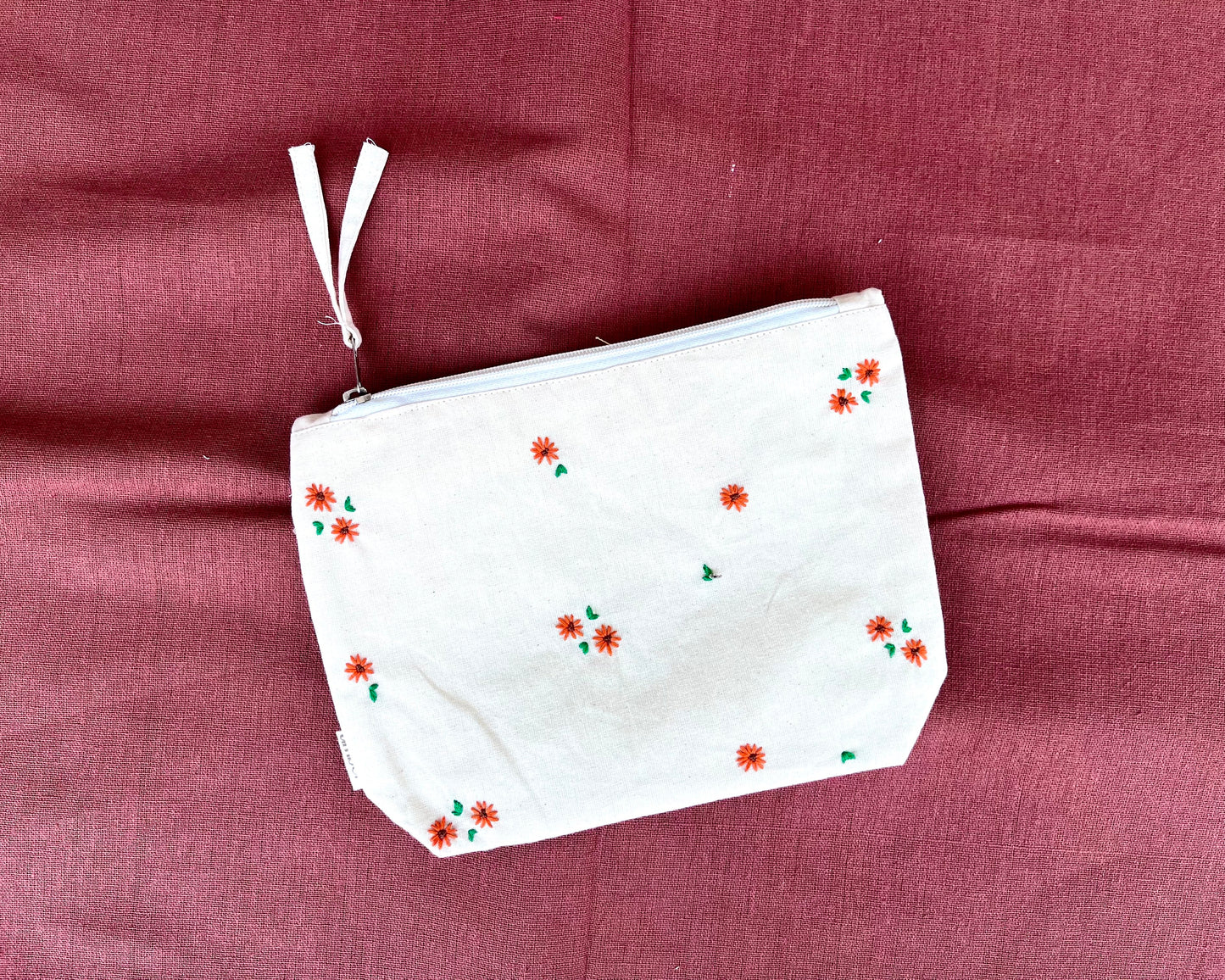 Coral Blossom Embroidered Pouch: Petite Floral Accessory Bag