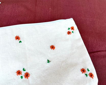 Coral Blossom Embroidered Pouch: Petite Floral Accessory Bag