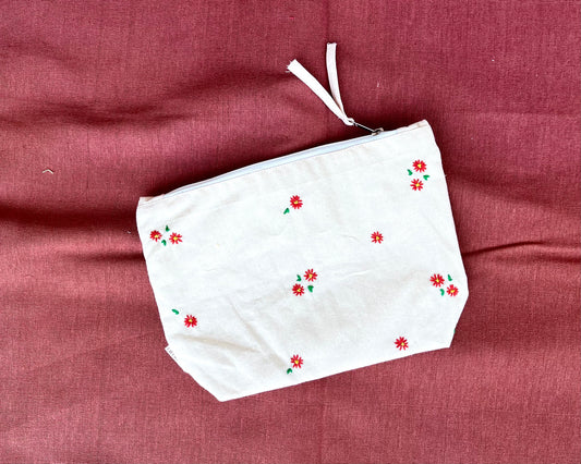 Ruby Petals Embroidered Pouch: Crimson Flower Accessory Bag