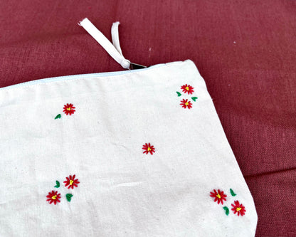 Ruby Petals Embroidered Pouch: Crimson Flower Accessory Bag