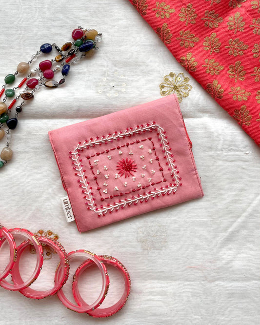 Pink Petal Mini Pouch - Hand Embroidered with beads work